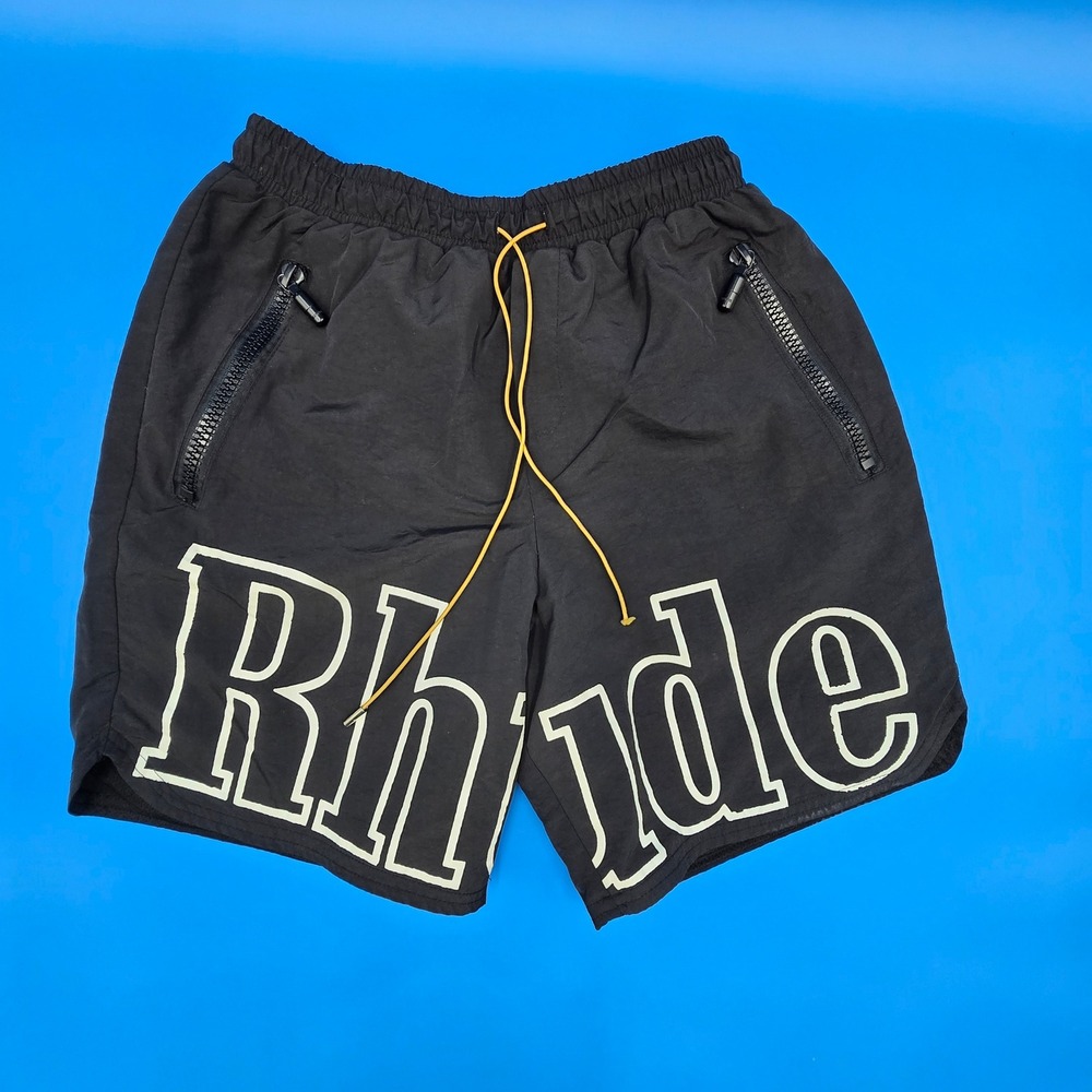 Rhude Mens Black Logo Nylon Shorts Yellow Drawstring Size M Streetwear Luxury